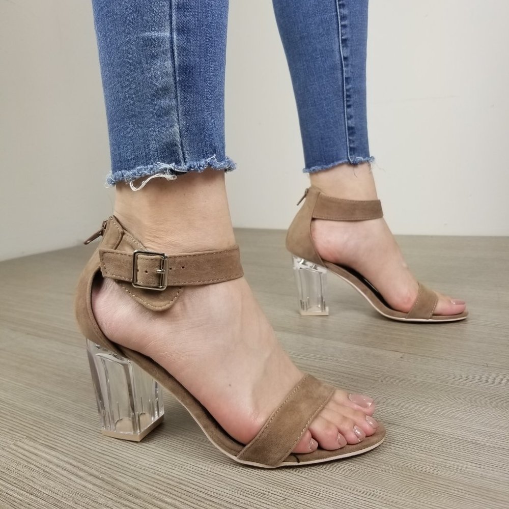 Lucite Clear Heel Tan Vegan Suede Heel Sandal - Picture 7 of 8